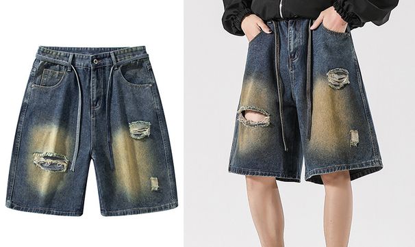Men's Clothing Summer Thin Denim Shorts Men's Foreign Trade Trendy Brand Embroidery Loose Wide Leg Breeches Personality Ripped Five Point Pants_viptrois.com