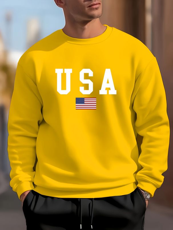 Men's Loose Casual Fashionable American Flag USA Print Round Neck Long Sleeved Sweatshirt Suitable For Autumn And Winter Wear_viptrois.com