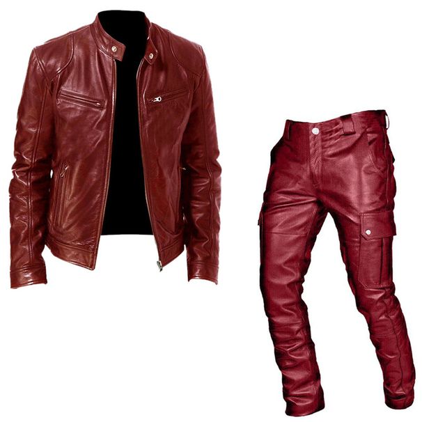 Men's Clothing Foreign Trade Autumn And Winter Men's Cosplay Suit Leather Jacket And Leather Pants Two Piece Set PU Leather Casual Suit Medieval Suit_viptrois.com