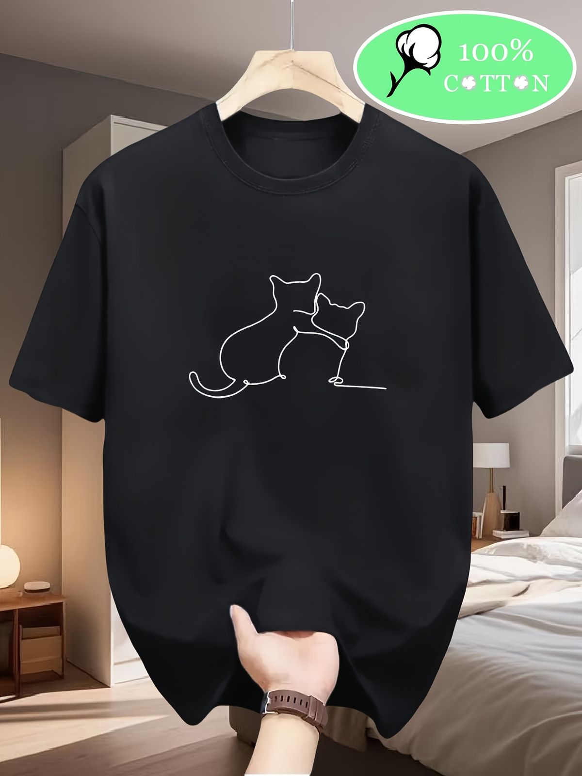 Maglietta Uomo 180g Cotone Puro Girocollo Stampa Due Gatti Morbida Traspirante Base Casual Sportiva Vestibilità Regolare_viptrois.com