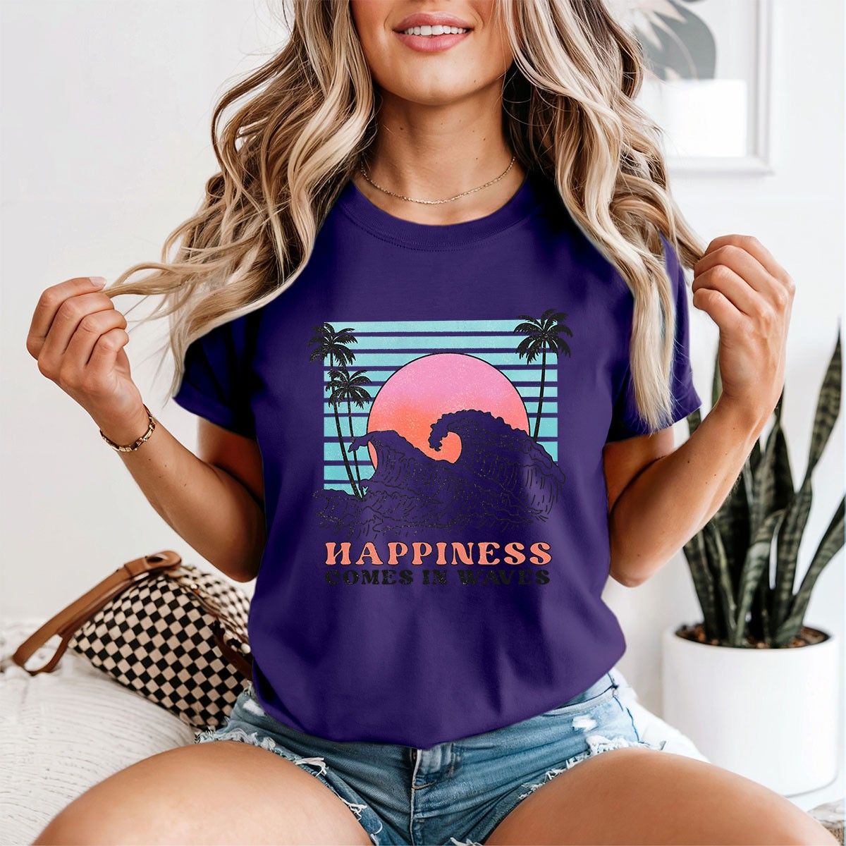 Happiness Comes In Waves Beach Lifestyle Womens 100% Cotton T-shirt Mens Tees Top Ocean Retro Design_viptrois.com