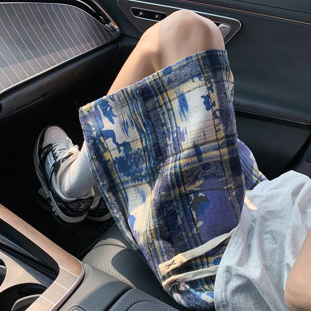 Men's Summer Style Casual Plaid Shorts Tie Dye High Street Retro Fashion Loose Five Point Beach Pants_viptrois.com