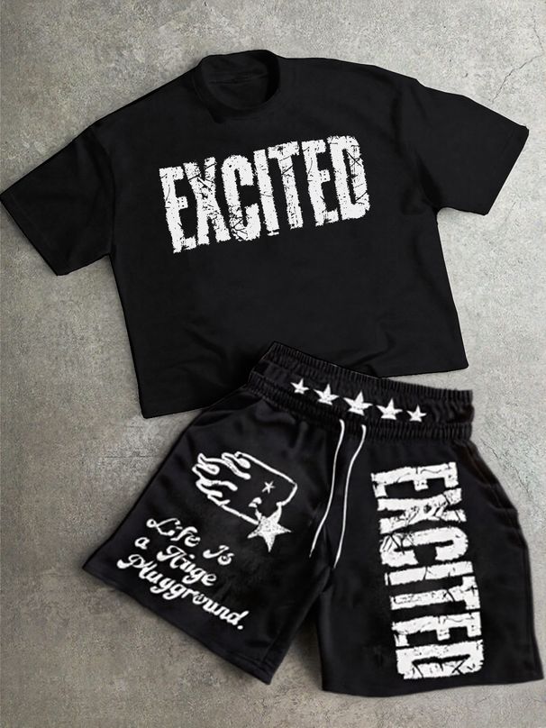 Men's Clothing Men's Summer Street Style Letter Print Suit: Trendy Casual Short Sleeve T Shirt And Shorts Two Piece Set_viptrois.com