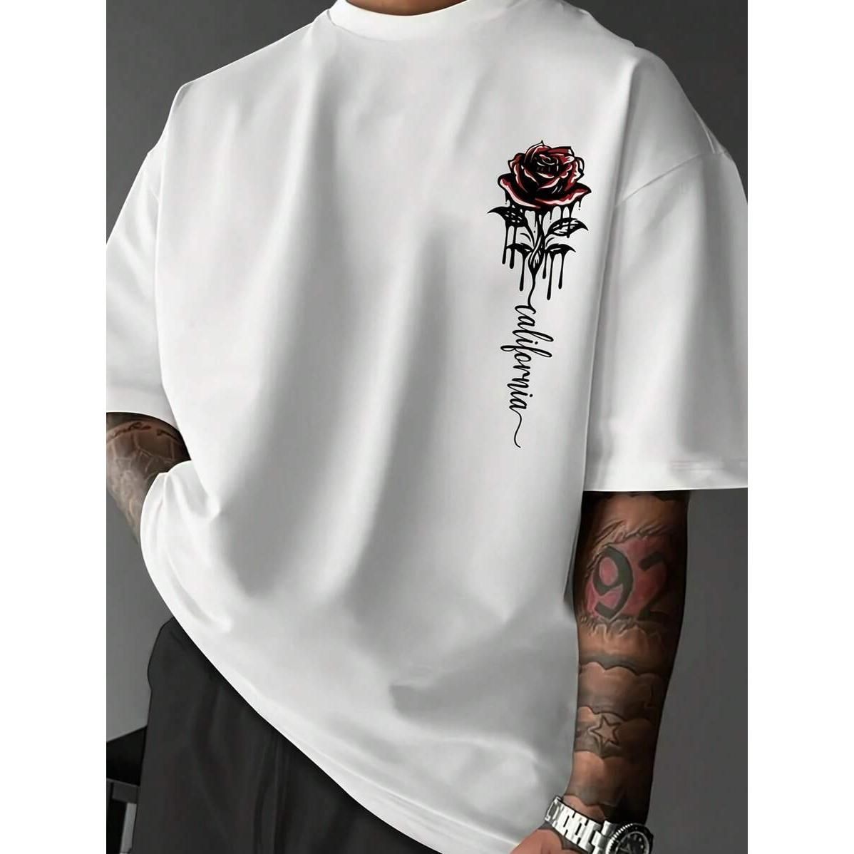 Camiseta Casual Manga Corta Con Cuello Redondo Gráfico De Letras Y Rosas Para Hombres_viptrois.com
