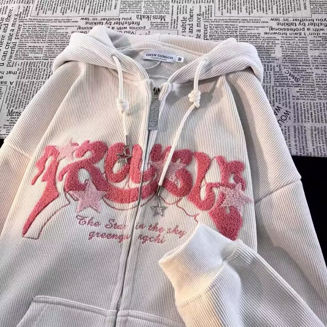 Hip-Hop Corduroy Zip-Up Hoodie – Unisex Oversized Streetwear Jacket With Embroidered Horns (Green/Tan/Charcoal, M-3XL)_viptrois.com