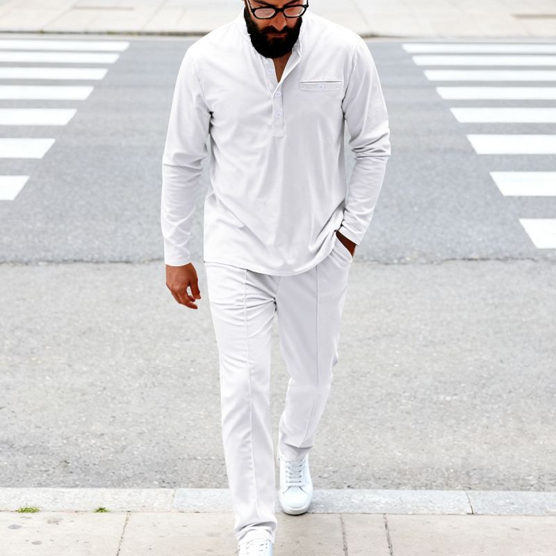Men's Retro Henley Shirt & Pants Set – Casual Long Sleeve T-Shirt Outfit For Spring & Fall (Black, White, Army Green, Navy, Grey, Beige) – S-Xxxl_viptrois.com