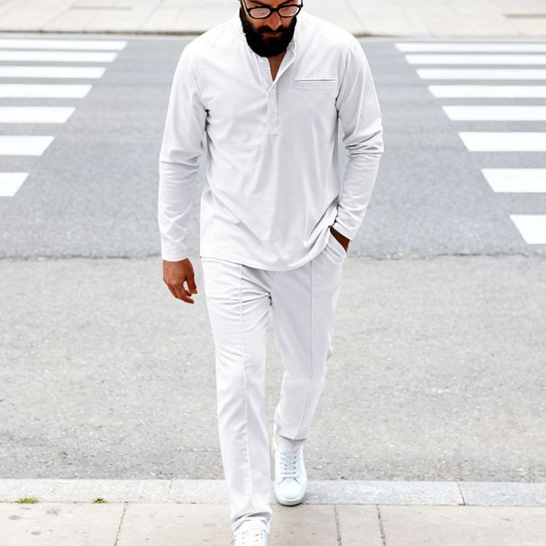 Men's Retro Henley Shirt & Pants Set – Casual Long Sleeve T-Shirt Outfit For Spring & Fall (Black, White, Army Green, Navy, Grey, Beige) – S-Xxxl_viptrois.com