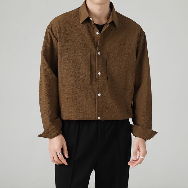 Spring New Casual Long Sleeved Fashion Trend Lazy Style Men's Solid Color Versatile Shirt Thin Jacket_viptrois.com