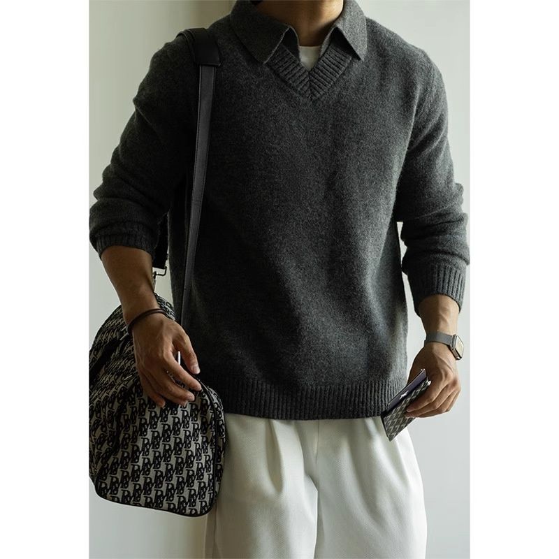 Pure Arctic Velvet Two-Piece Ribbed Turn-Down Collar Knit For Men, New Autumn And Win Light Business Casual Lazy_viptrois.com