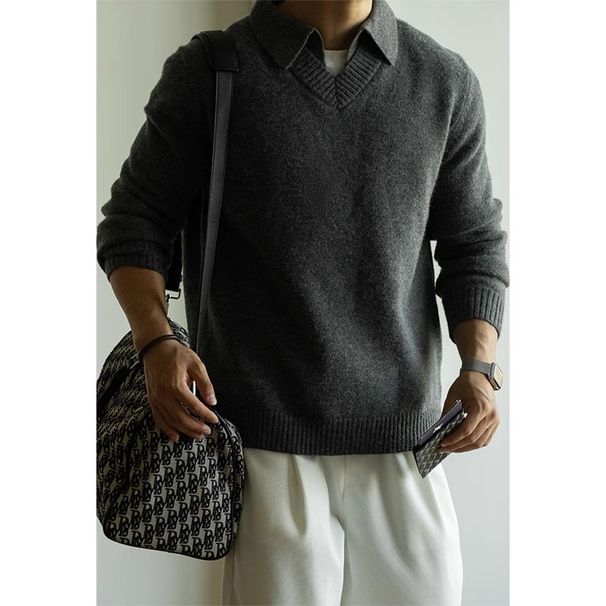 Pure Arctic Velvet Two-Piece Ribbed Turn-Down Collar Knit For Men, New Autumn And Win Light Business Casual Lazy_viptrois.com