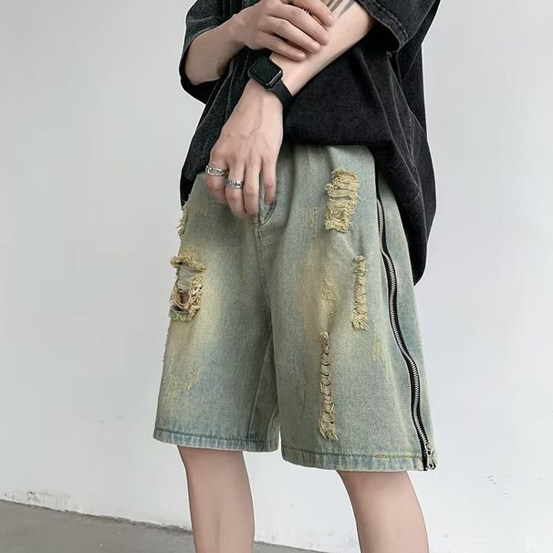 Summer Style Men's Yellow Mud Dyed Distressed Denim Shorts Trendy Side Zipper Slit High Street Retro Casual Five Point Pants_viptrois.com