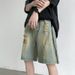 Summer Style Men's Yellow Mud Dyed Distressed Denim Shorts Trendy Side Zipper Slit High Street Retro Casual Five Point Pants_viptrois.com