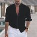 Men's Clothing 2025 New Solid Color Linen Stand Collar Cardigan Long Sleeve Loose Men's Shirt_viptrois.com