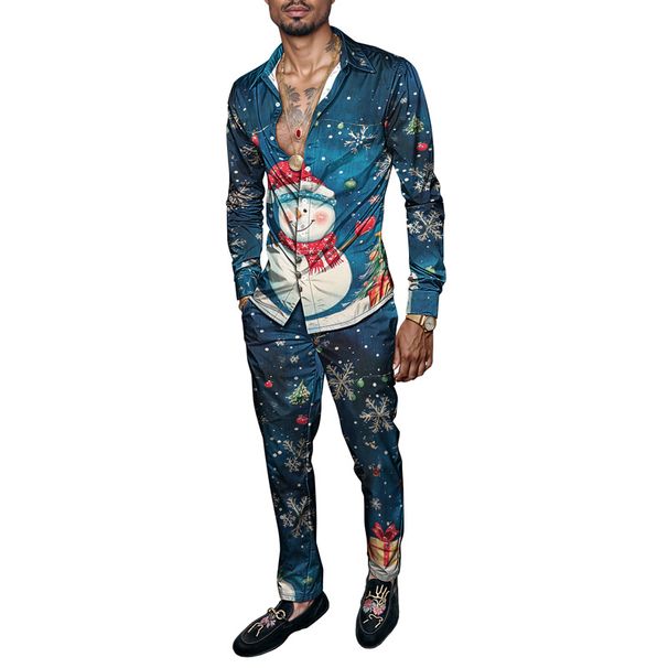 2025 Spring Summer Men Shirt Set Christmas Print Fashion Gingerbread Man Two Piece Set Mens Snowman Lightweight Party Long_viptrois.com