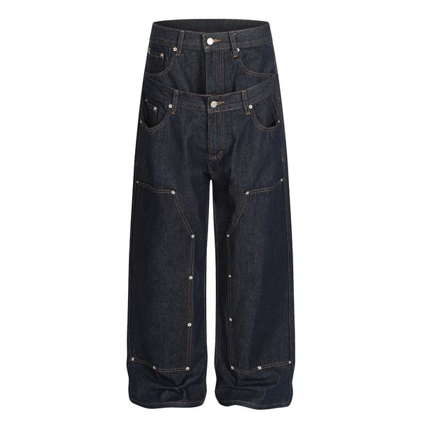 Two-Piece Spliced Double Waistband Jeans For Men Trendy Fashionable Unique Design Loose Straight Long Pants_viptrois.com