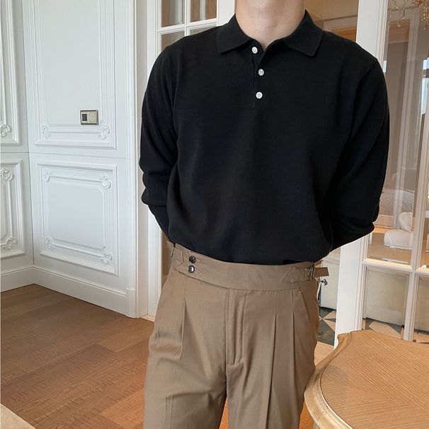 Korean-Style Minimalist Lapel Sweater – Solid Color Crewneck Pullover (Grey/White/Black, M-3XL)_viptrois.com