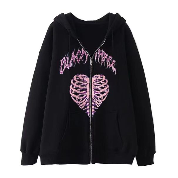 Street Hip Hop Gothic Y2K Black Zipper Hoodie 2022 Rock Harajuku Jacket Sweatshirt For Women_viptrois.com