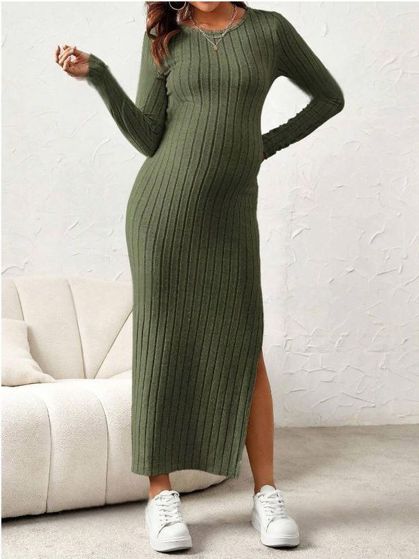 European And American Maternity Dress Round Neck Long Sleeve Maternity Dress Summer Large Slit Knitted Slim Maternity Dress_viptrois.com