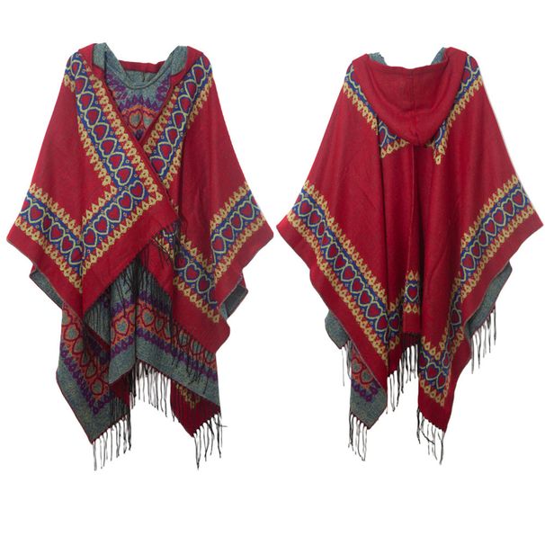 Unisex Shawl Spring and Autumn winter cloak Ethnic style Love red fringe hooded cloak_viptrois.com