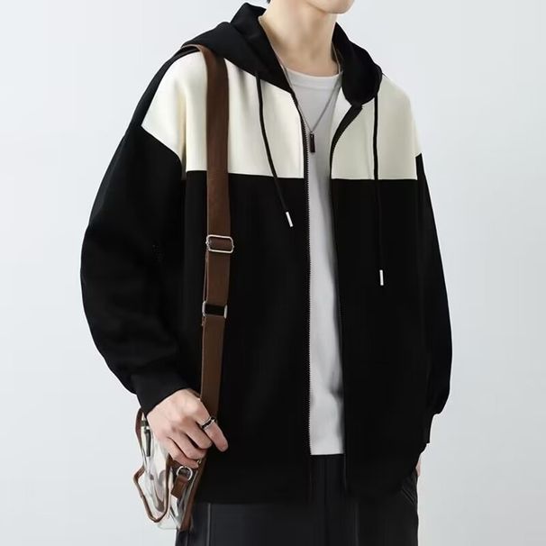 Men's Clothing Autumn And Winter Men's Fashion Simple Versatile Hooded Cardigan Sweatshirt Men's Classic Loose Splicing Casual Sports Jacket_viptrois.com