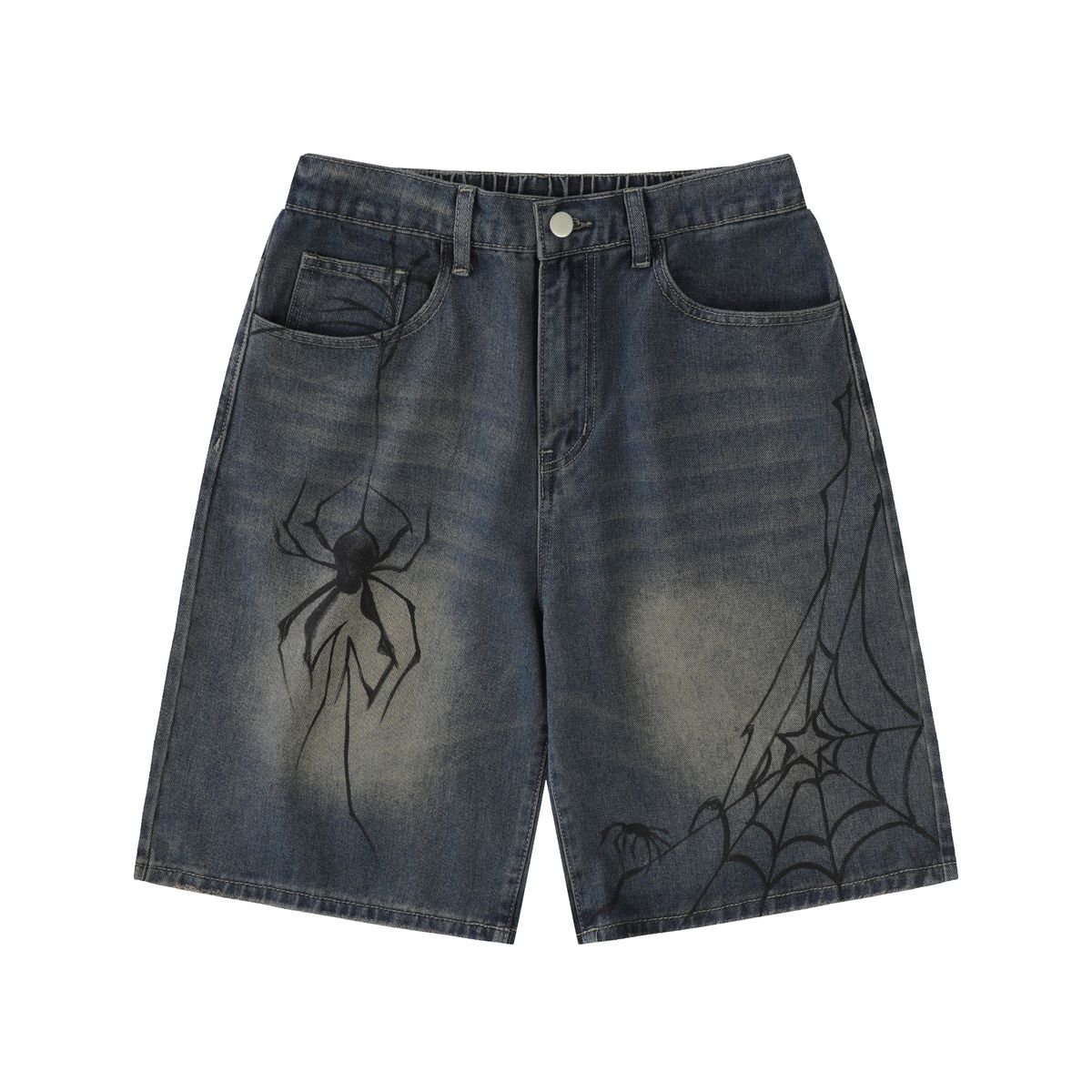 Men's TIDEEKU Men's Clothing | Light blue retro washed distressed spider print denim shorts men's straight loose pants_viptrois.com