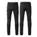 Men's clothing pleated cat whisker patch jeans ripped jeans simple slim fit skinny pants_viptrois.com