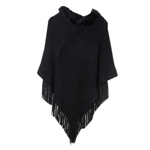 Unisex Cape Women's solid-colored striped fringed hooded cape_viptrois.com