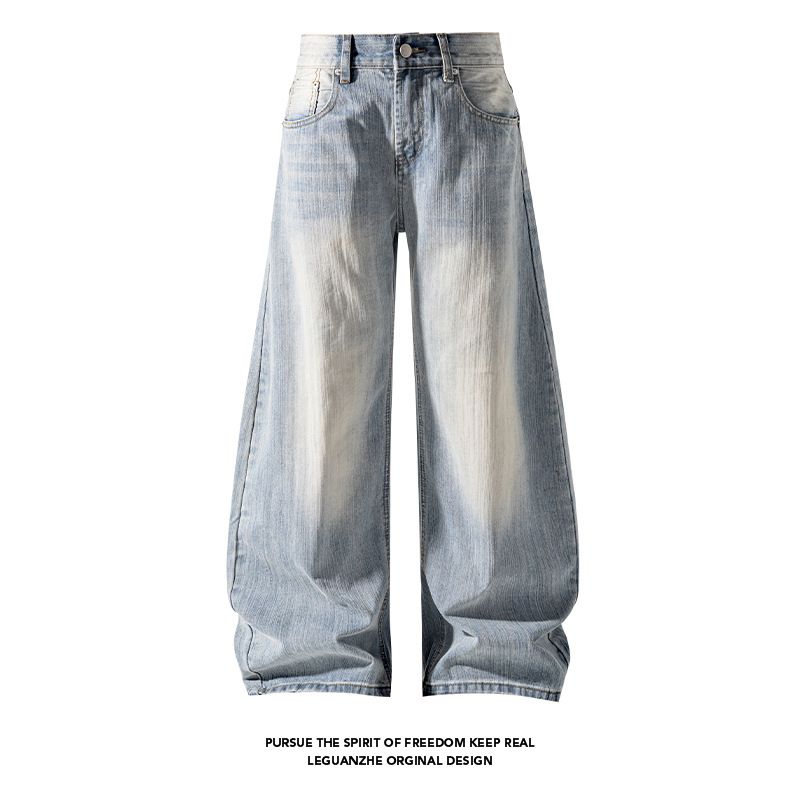 Men's Bamboo Joint Washed Curved Jeans Loose Wide Leg Casual Trousers Mid Waist Straight Pants Autumn Style High Street Vibe Black Blue_viptrois.com