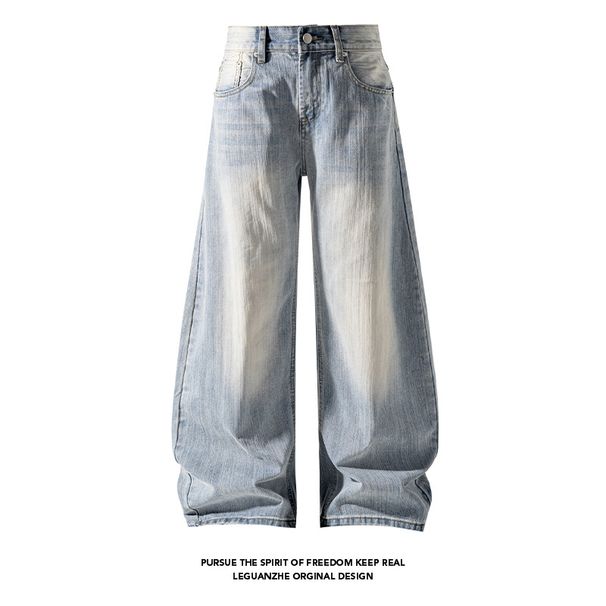 Men's Bamboo Joint Washed Curved Jeans Loose Wide Leg Casual Trousers Mid Waist Straight Pants Autumn Style High Street Vibe Black Blue_viptrois.com