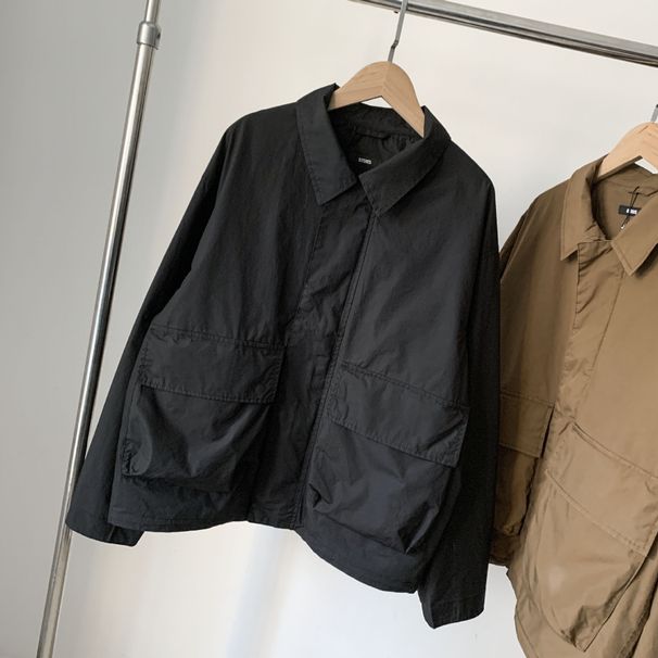 Japanese Retro! Designer Line! Spring New Men's Washed Cotton Short Loose Turn-Down Collar Jacket Coat_viptrois.com