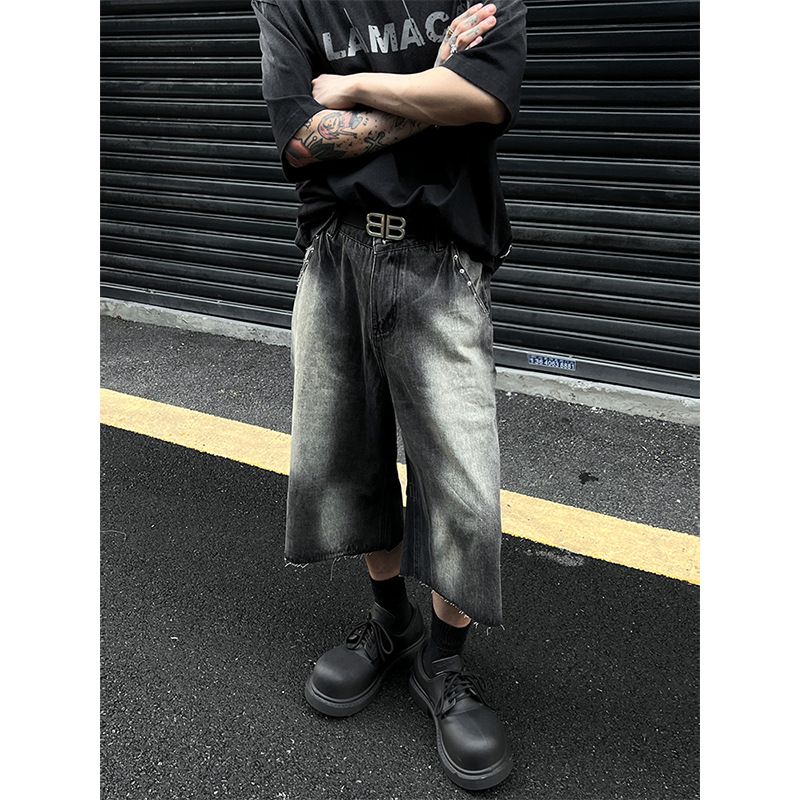 Men's Clothing Street Retro Washed Denim Shorts Summer Rivet Raw Edge Loose Straight Pants Distressed Cropped Pants_viptrois.com