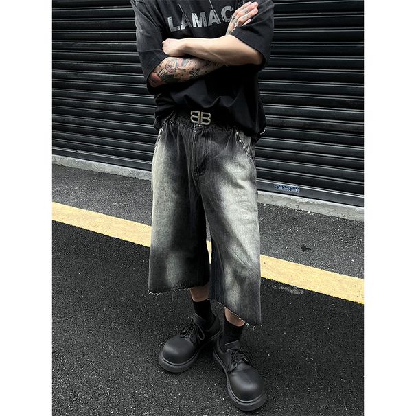 Men's Clothing Street Retro Washed Denim Shorts Summer Rivet Raw Edge Loose Straight Pants Distressed Cropped Pants_viptrois.com