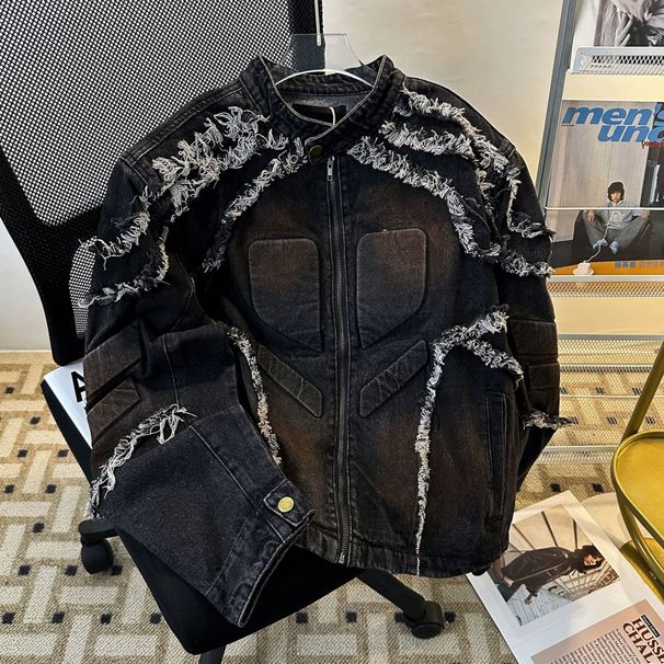 Embossed Fringed Shoulder Pad Denim Jacket For Men, Retro And Cool Top, Stand Up Collar Motorcycle Jacket_viptrois.com