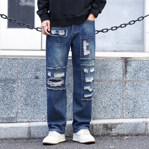 New In-Stock Supply Ripped Design Patch Loose Fleece-Lined Straight-Leg Jeans Casual Trendy Men's Versatile Winter Long_viptrois.com