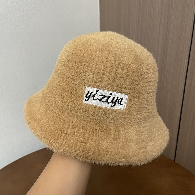 Leisure Korean Letter Sticker Fishing Women's Autumn Winter Warm and Cold Resistant Mink Hair Foldable Bowl Hat_viptrois.com