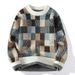 Men's Winter Knit Sweater – Thickened Acrylic Crewneck Pullover With Plaid Print (M-3XL, Navy/White/Brown, Casual & Warm)_viptrois.com
