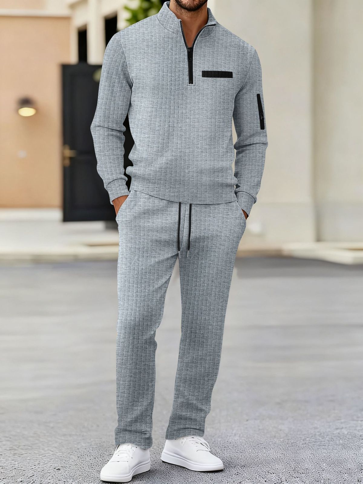 Men's Long Sleeve Checkered Polo Shirt - With Sleeve Zipper Detail (White/Dark Gray/Orange/Navy Blue/Light Gray/Black)_viptrois.com