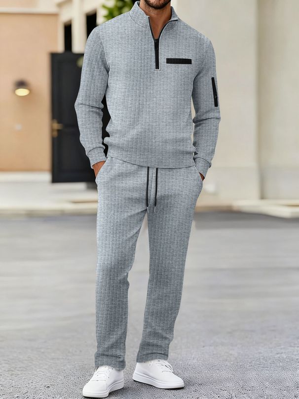 Men's Long Sleeve Checkered Polo Shirt - With Sleeve Zipper Detail (White/Dark Gray/Orange/Navy Blue/Light Gray/Black)_viptrois.com
