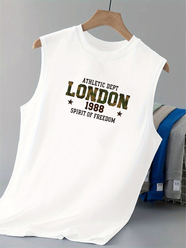 100% Pure Cotton Men's Summer Casual Sports Fitness Loose London Letter Print Breathable Round Neck Sleeveless Vest_viptrois.com