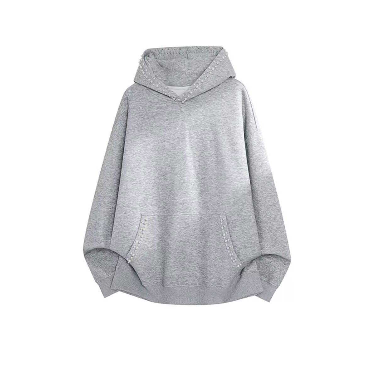 Retro Pearl-Embellished Cropped Hoodie – Unisex Oversized Streetwear Sweatshirt For Spring & Autumn (Black, White-Gray, Light Gray, M-XXXL)_viptrois.com