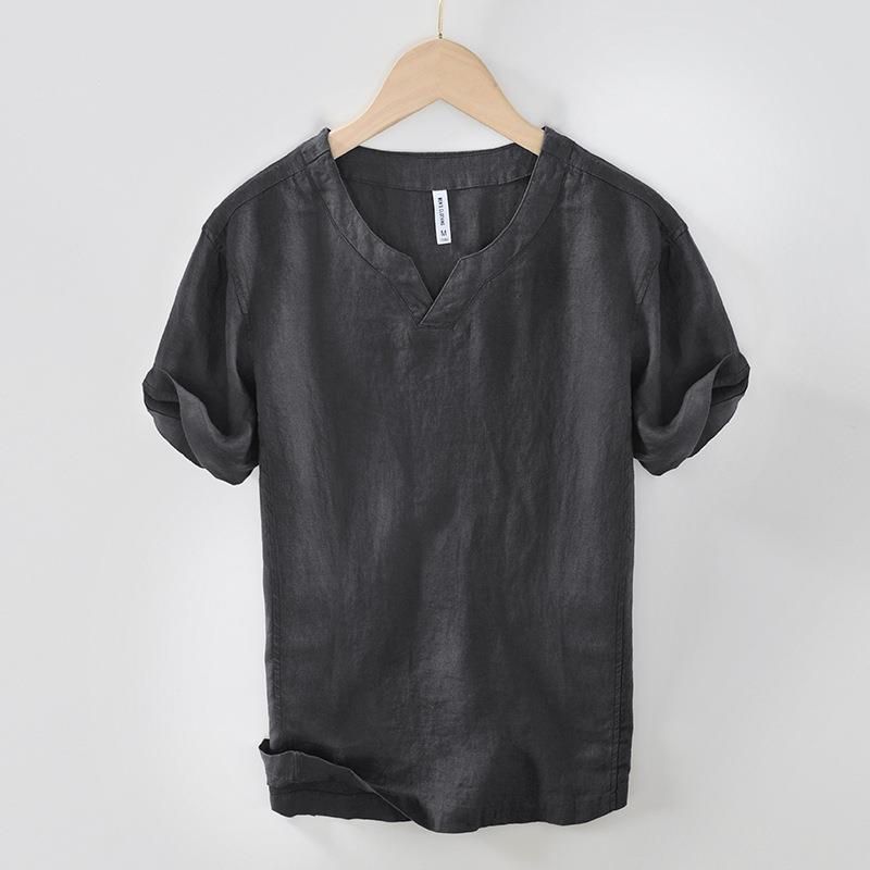 Men's Clothing Retro V Neck Short Sleeved T Shirt Casual Loose Linen Bottoming Shirt_viptrois.com