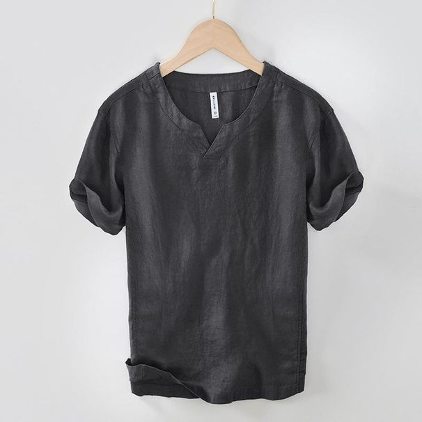 Men's Clothing Retro V Neck Short Sleeved T Shirt Casual Loose Linen Bottoming Shirt_viptrois.com