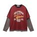 Vintage American Lettering Distressed Print Round Neck Long Sleeve Men's Spring Streetwear Stripe Layered Mock Two-Piece Top_viptrois.com