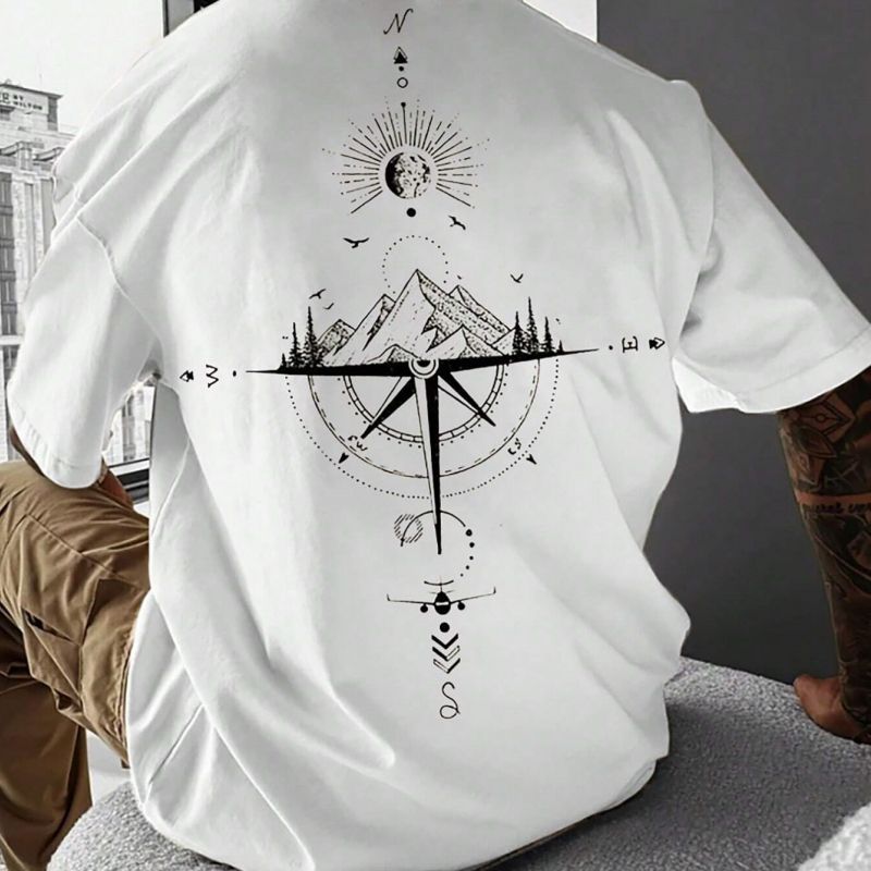 2024 New Summer Men's 3d Compass Printed Short Sleeve Tees Simple Fashion Male Clothing Loose Oversized T-Shirt For Men_viptrois.com