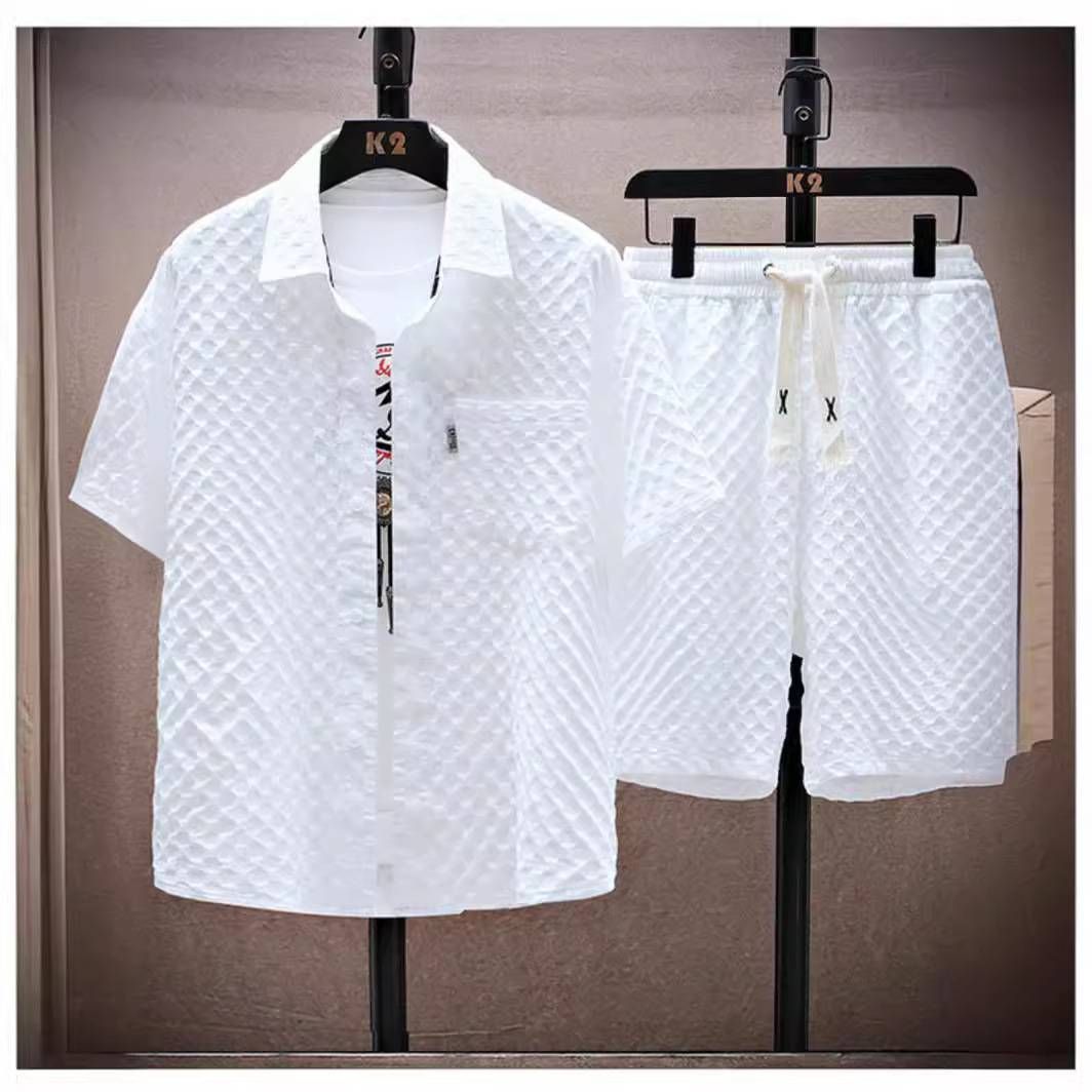 Men's Clothing Summer Ice Silk Suit For Men, Handsome Trendy Short-sleeved Shirt And Shorts, A Set Of Plaid Thin Sports And Leisure Two-piece Suit_viptrois.com