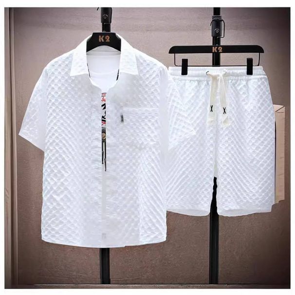 Men's Clothing Summer Ice Silk Suit For Men, Handsome Trendy Short-sleeved Shirt And Shorts, A Set Of Plaid Thin Sports And Leisure Two-piece Suit_viptrois.com
