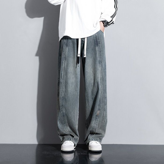 Men's Clothing Street Retro Elastic Waist Denim Men's Loose Straight Wide Leg Long Pants_viptrois.com