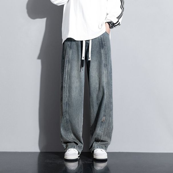 Men's Clothing Street Retro Elastic Waist Denim Men's Loose Straight Wide Leg Long Pants_viptrois.com
