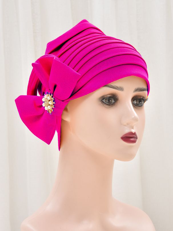 Women's Hijab New beaded bow hat space layer fabric solid color ethnic hat Baotou hat_viptrois.com