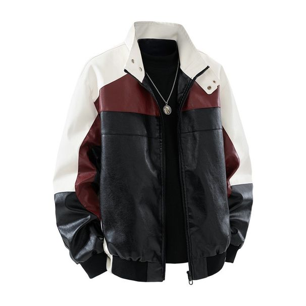 Men's Clothing American Style Stand Collar Jacket Men's Trendy Leather Jacket Men's Loose Versatile PU Leather Motorcycle Suit Pilot Jacket_viptrois.com
